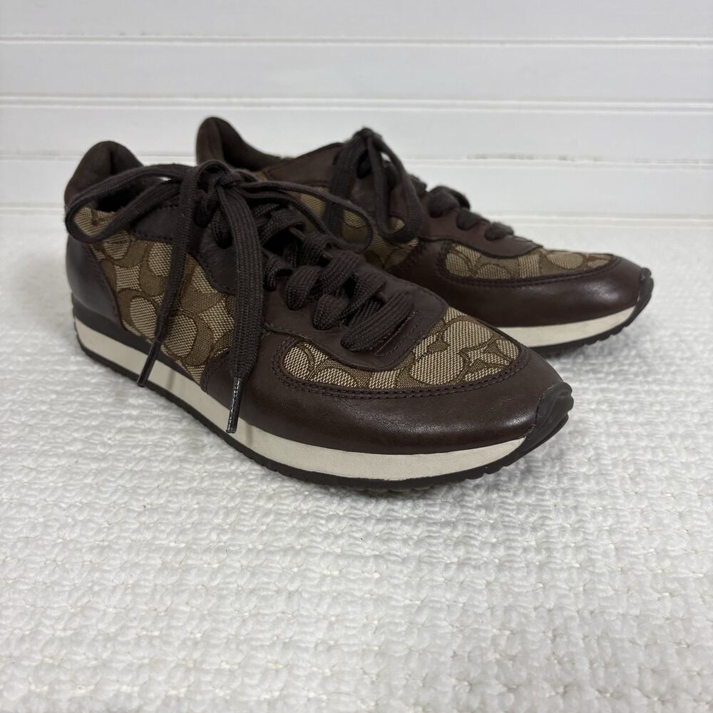 COACH Farah Women's Retro Sneakers Brown & Khaki 6B Signature C Leather Jacquard - Picture 9 of 16
